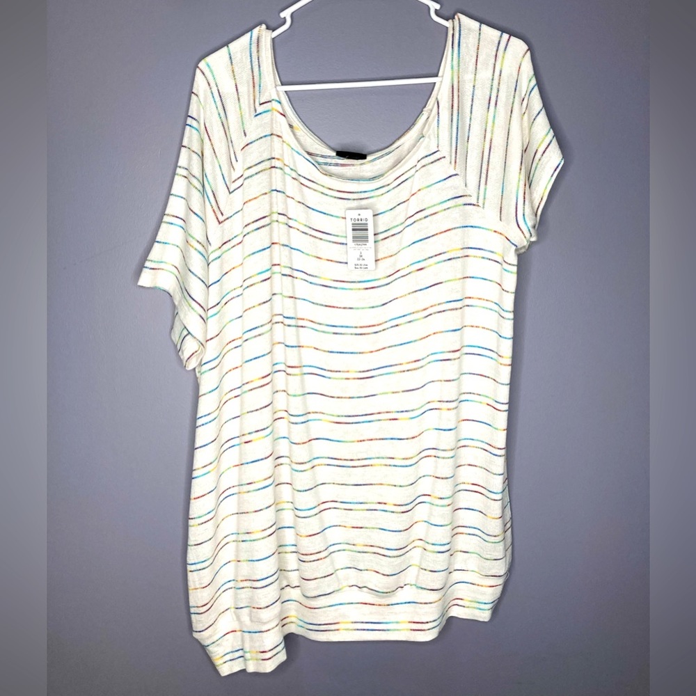 White knitted off shoulder tee w/ rainbow stripes Torrid Plus Size 3X